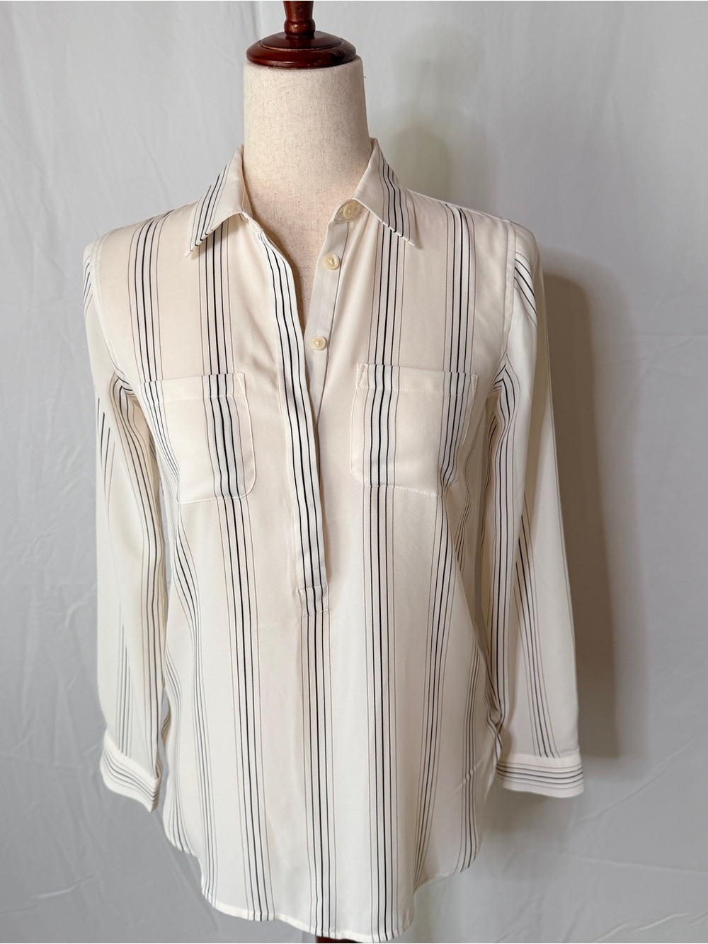 LOFT Cream Blouse with Black Vertical Stripes, Classic , quiet luxury, old money
